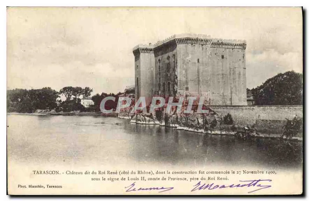 Tarascon - Château dit du Roi René (côté du Rhône) — construction commencée le 27 novembre 1400 sous Louis II, comte de Provence — Phot. Blanchio, Tarascon - Recto