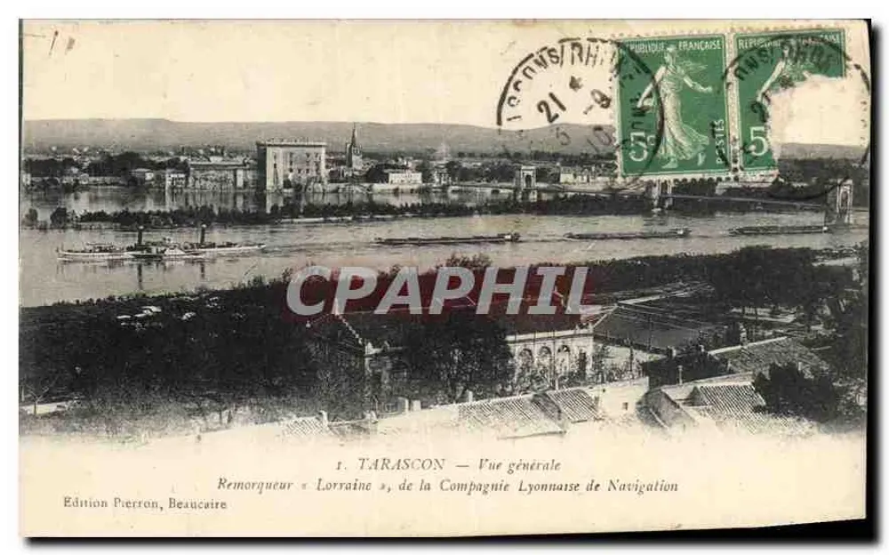 Tarascon — Vista geral — Remoeador « Lorraine » da Companhia Lyonnaise de Navegação — Edição Pierron, Beaucaire - Frente