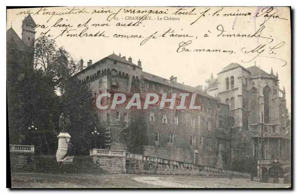Chambéry - O Castelo — vista do castelo com estátua no primeiro plano — editor: Vallée, fot. 1907, Aubière - Frente