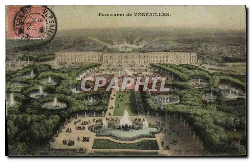 Panorama de VERSAILLES — vista aérea do castelo e dos jardins — A. Bourdier, editor, Versailles - Frente