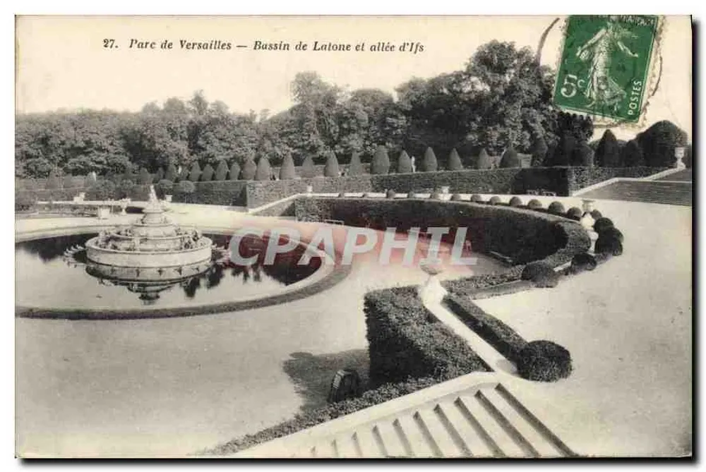 Schlosspark Versailles — Bassin de Latone und Allee der Ifs — Héliotypie A. Bourdier - Vorderseite