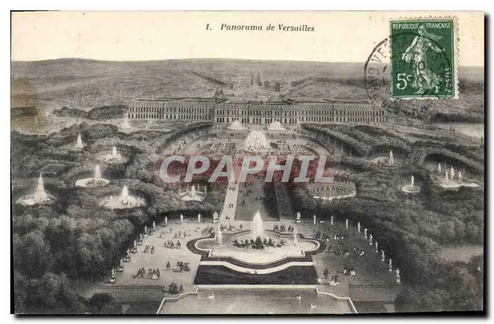 Panorama de Versailles — vista aérea dos jardins e do castelo — J. Bellamy, Versailles - Frente