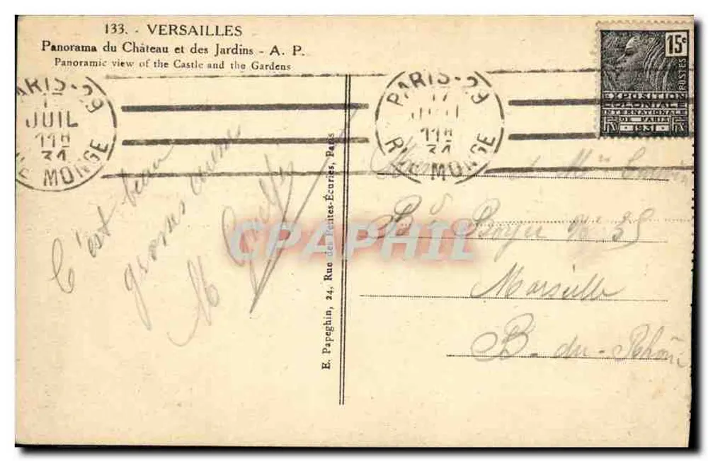 Versailles — Panorama du Château et des Jardins — A.P. n°133 - Verso