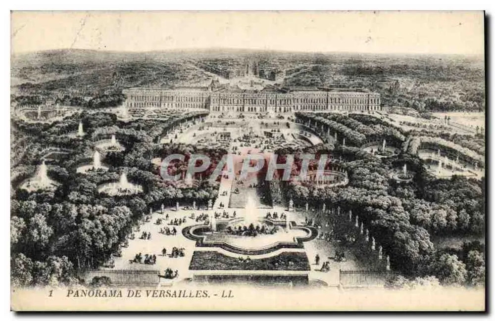 Panorama de Versailles — vue aérienne du château et des jardins — éditeur LL - Frente