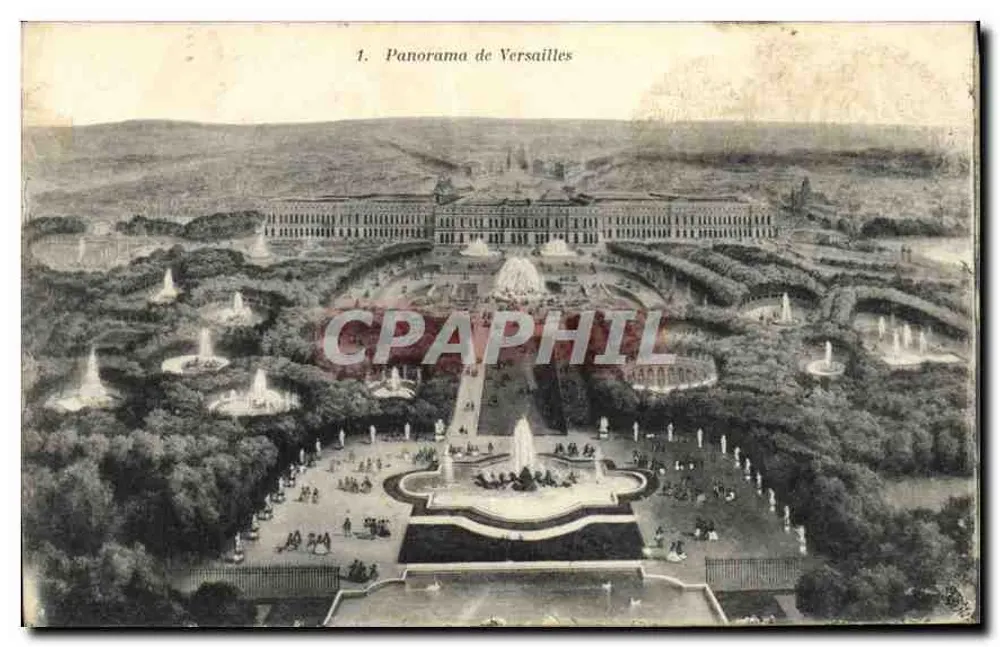 Panorama de Versailles — vista aérea dos jardins e do castelo — Heliotipia A. Bourdier - Frente