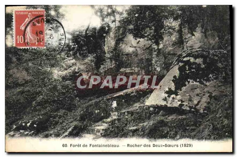 Forêt de Fontainebleau — Rocher des Deux-Sœurs (1829) — Éditeur P. D. Fontainebleau - Recto