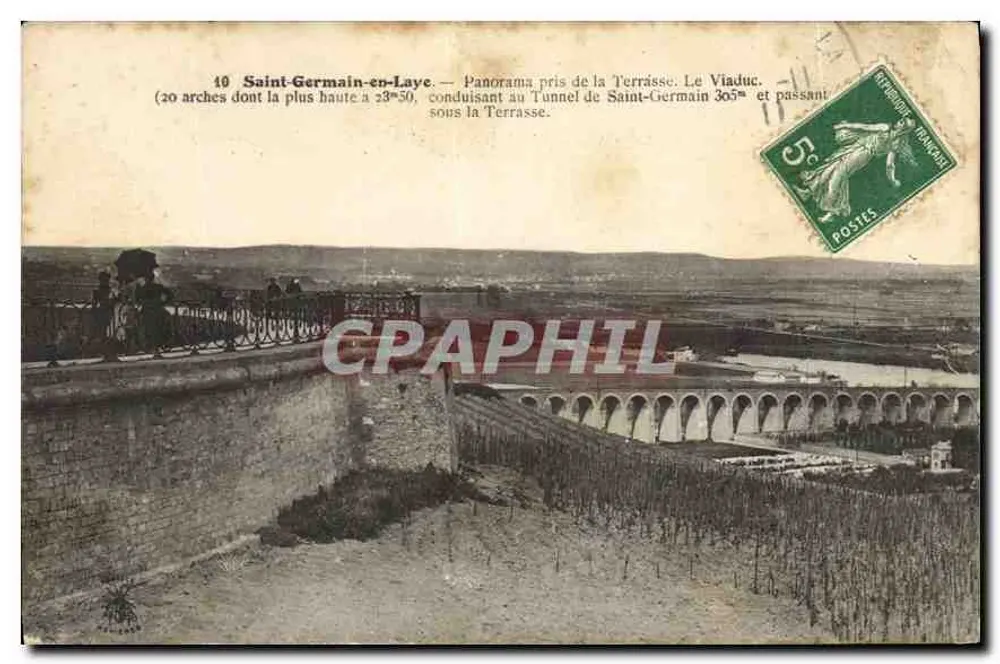 Saint-Germain-en-Laye — Panorama vom Terrassenbereich. Der Viadukt. (20 Bögen, der höchste 23m50, führend zum Tunnel von Saint-Germain 30m und unter der Terrasse hindurch.) - Vorderseite