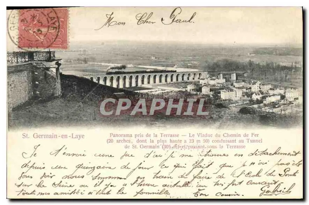 St. Germain-en-Laye — Panorama vom Terrassenbereich — Der Viadukt der Eisenbahn (20 Bögen, darunter der höchste mit 23 m 50) führend zum Tunnel von St. Germain - Vorderseite