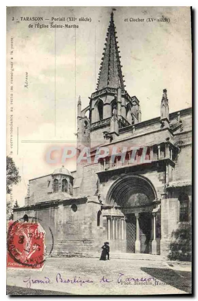 Tarascon — Portal (12. Jahrhundert) und Turm (15. Jahrhundert) der Kirche Sainte-Marthe — Foto. Blanchin, Tarascon - Vorderseite