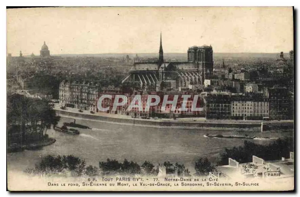 Vista de Paris (IVe) — Notre-Dame de la Cité, Saint-Sulpice, Saint-Étienne-du-Mont — editor G.P. Tout Paris (n°77) - Frente