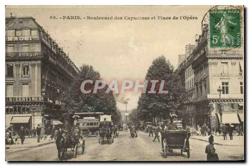 Paris — Boulevard des Capucines et Place de l'Opéra — éditeur IMPRIMÉ SUR LA CARTE - Frente