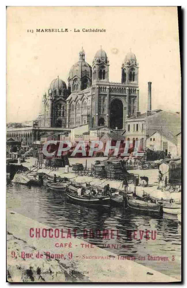 Marseille - A Catedral — vista da catedral com quai e barcos — editor Chocolat Gromel Réveu, n°113 - Frente