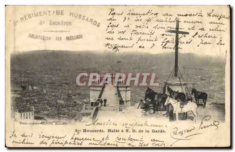 Ansicht von Nîmes — Haltestelle des 9. Husarenregiments an der N.D. de la Garde — Photo-Atelier Gaudoula, Marseille - Vorderseite