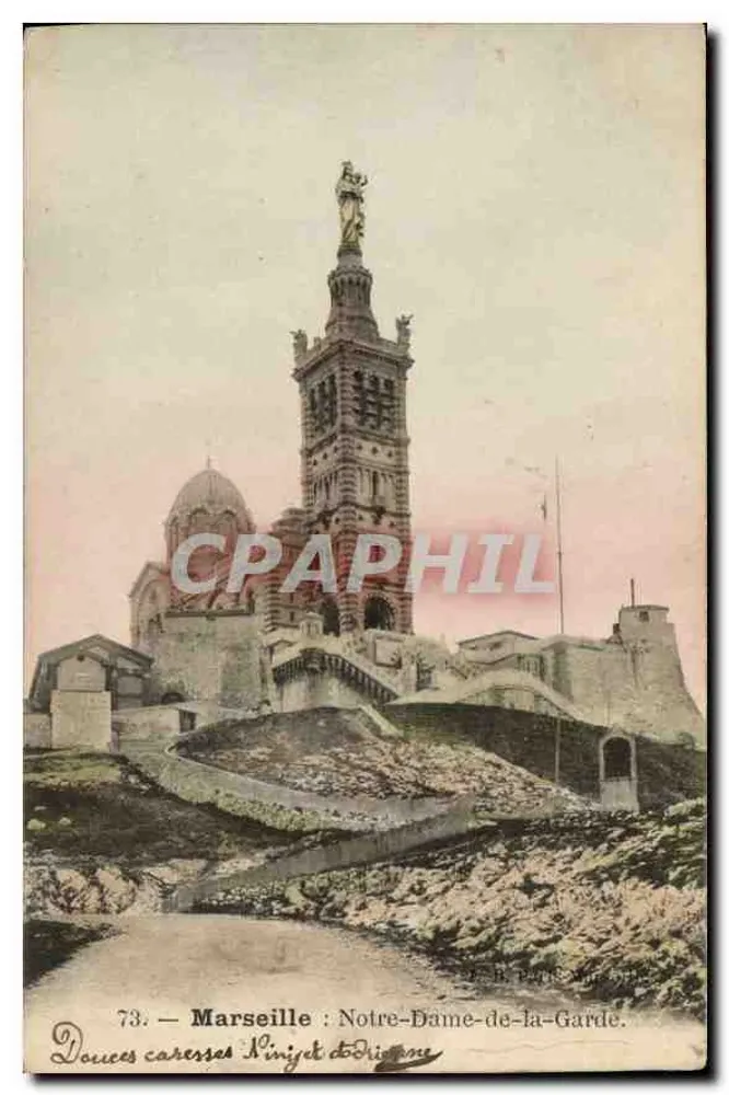 Marselha : Nossa Senhora da Guarda — vista panorâmica com estátua da Virgem — editor Douces carresses, n°73 - Frente