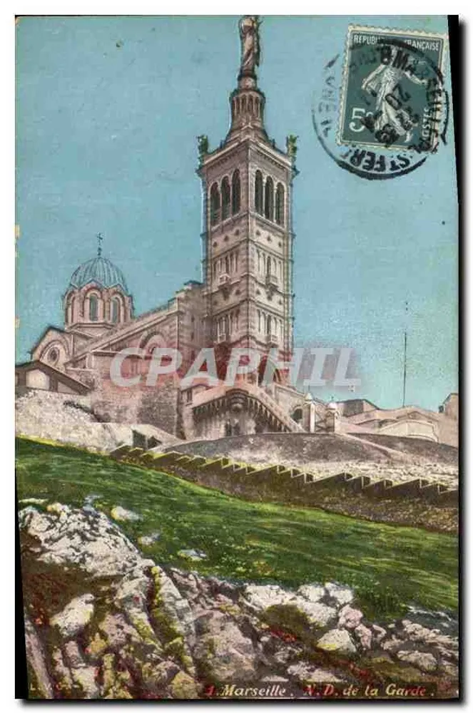 Marselha, N.D. de la Garde — vista da basílica e da torre com estátua — editor não visível - Frente