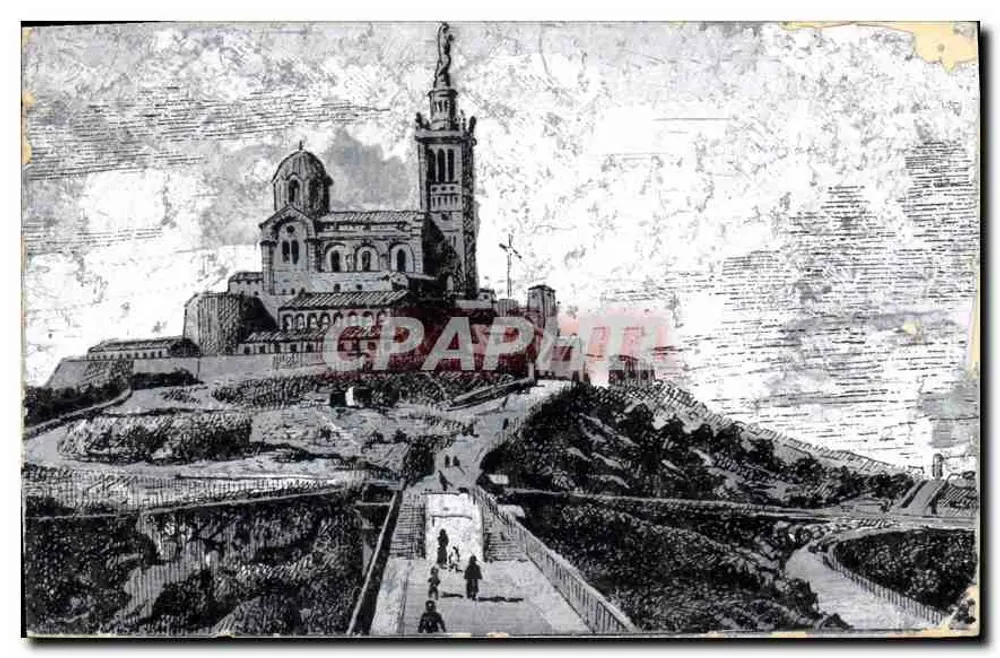 Notre-Dame de la Garde — vue panoramique de la basilique et du chemin de montée — éditeur Héliophore Duly, Marseille - Frente
