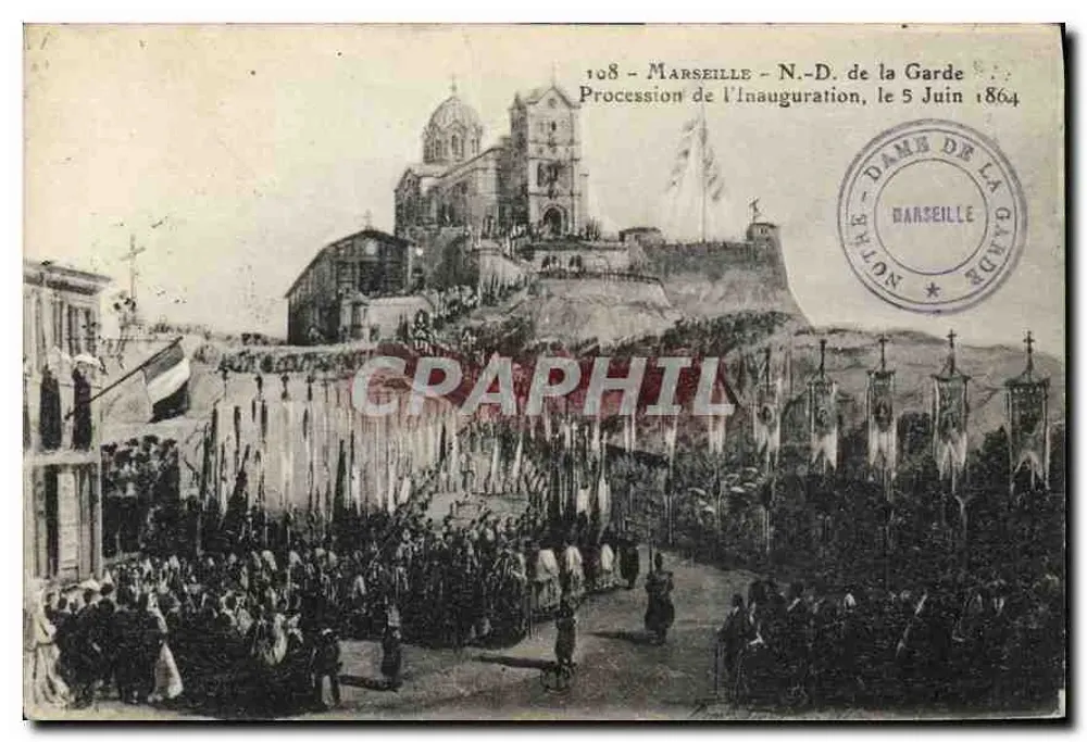 Marseille - Notre-Dame de la Garde — Prozession zur Eröffnung, 5. Juni 1864 — unbekannter Verleger, Nr. 108 - Vorderseite