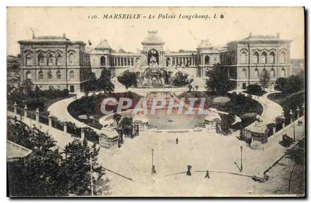 MARSEILLE - O Palácio Longchamp — vista panorâmica com fonte central — editor L, n° 126 - Frente