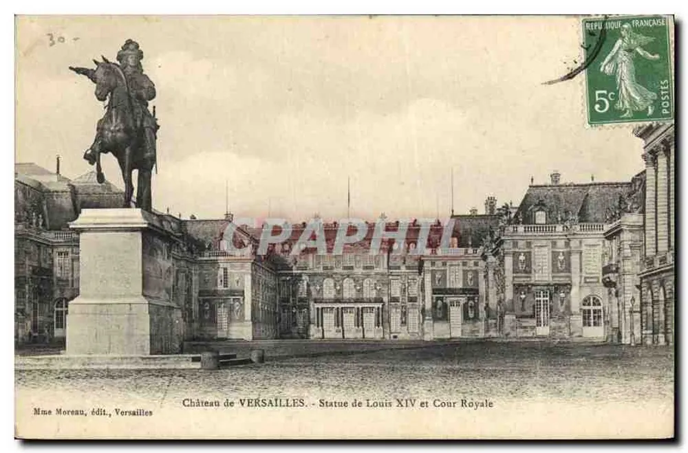 Schloss VERSAILLES — Statue von Ludwig XIV und Cour Royale — Mine Moreau, Verlag, Versailles - Vorderseite