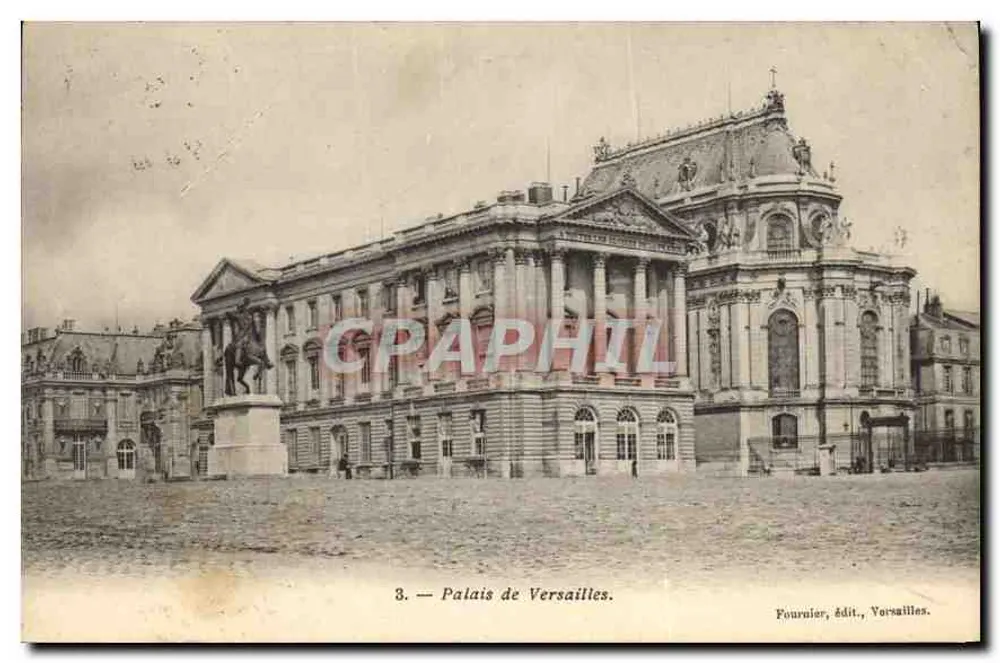 Palais de Versailles — façade principale avec statue équestre — Fournier, édit., Versailles - Frente
