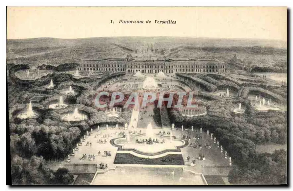Panorama de Versailles — vista aérea do castelo e dos jardins — editor não visível - Frente
