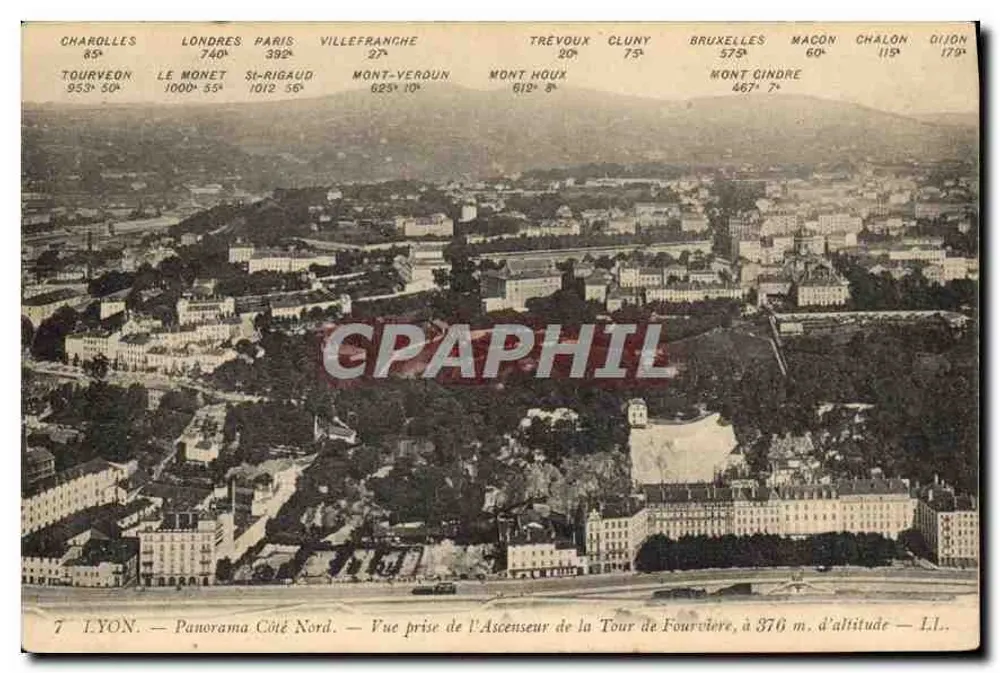 लियोन — उत्तर की ओर पैनोरामा — टॉवर ऑफ फूर्वियर के एसेंसर से लिया गया दृश्य, 376 मीटर की ऊंचाई से — एलएल। - आगे