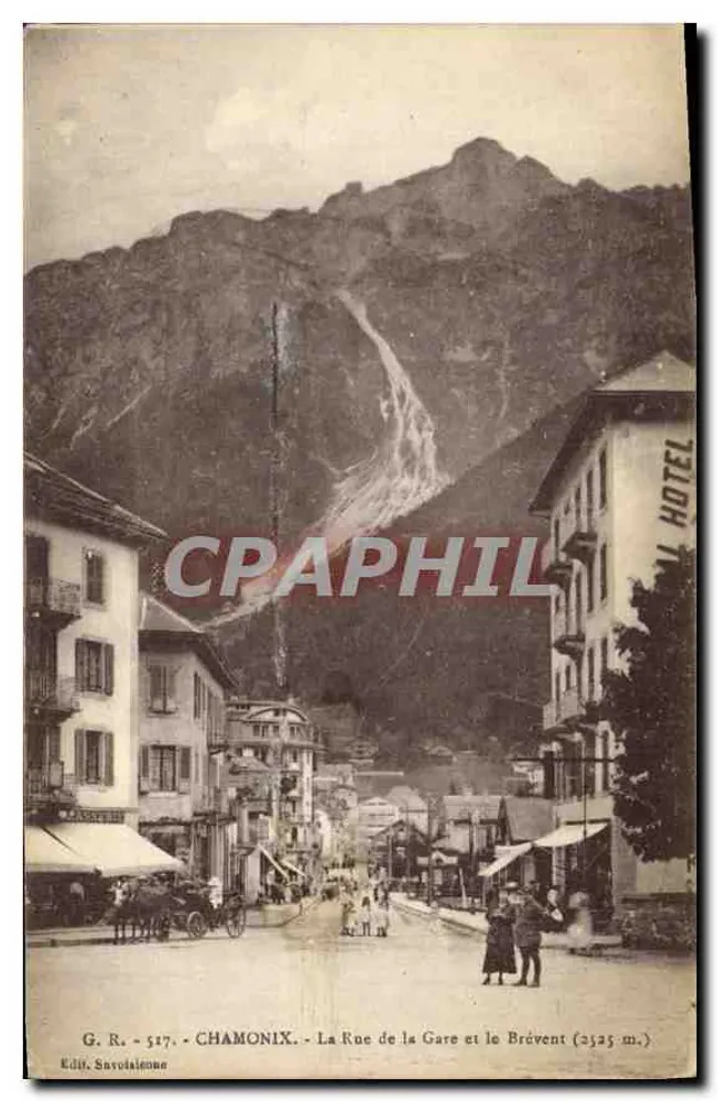 Chamonix - La Rue de la Gare e il Brévent (3525 m.) — G. R. - 527 - Ed. Savoiaigne - Recto