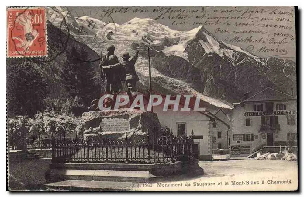 Monumento a Saussure y el Monte Blano en Chamonix — J.J. 1280 — Julien Frères, Fot. Editores, Ginebra - Anverso