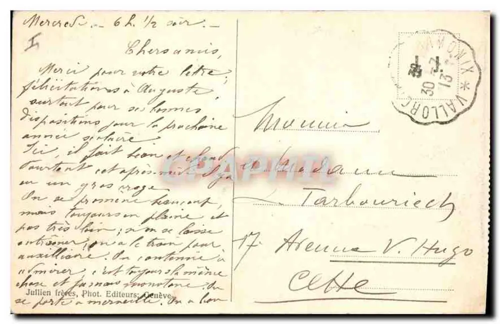 Monumento a Saussure y el Monte Blano en Chamonix — J.J. 1280 — Julien Frères, Fot. Editores, Ginebra - Reverso