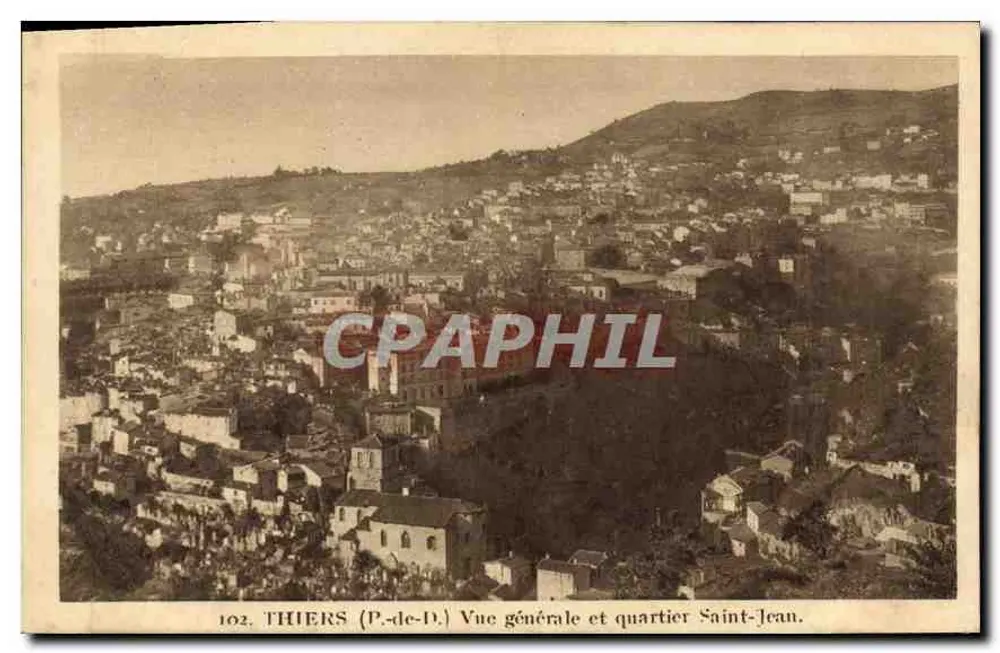 Thiers (P.-de-D.) — Vista general y barrio Saint-Jean — Edición G. Guérin, Thiers, n° 102 - Anverso