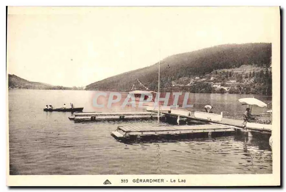 Gérardmer - O Lago — vista do lago com cais e barco — editor C.P. des Arts Photographiques de Strasbourg, n° 389 - Frente