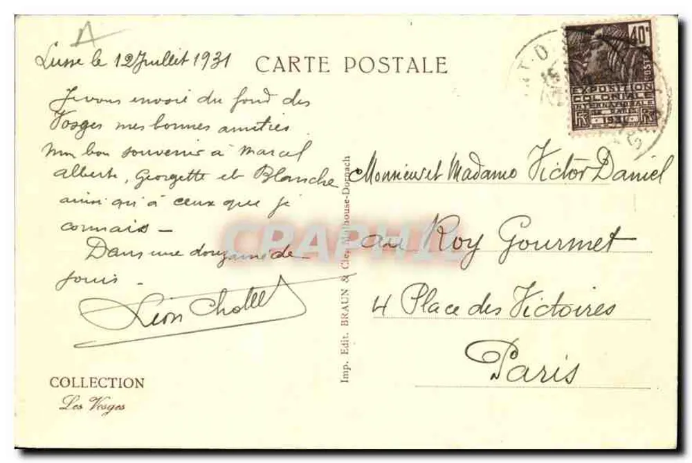 Gérardmer — Vista geral com o lago — Bilhete postal antigo n°1240 - Verso