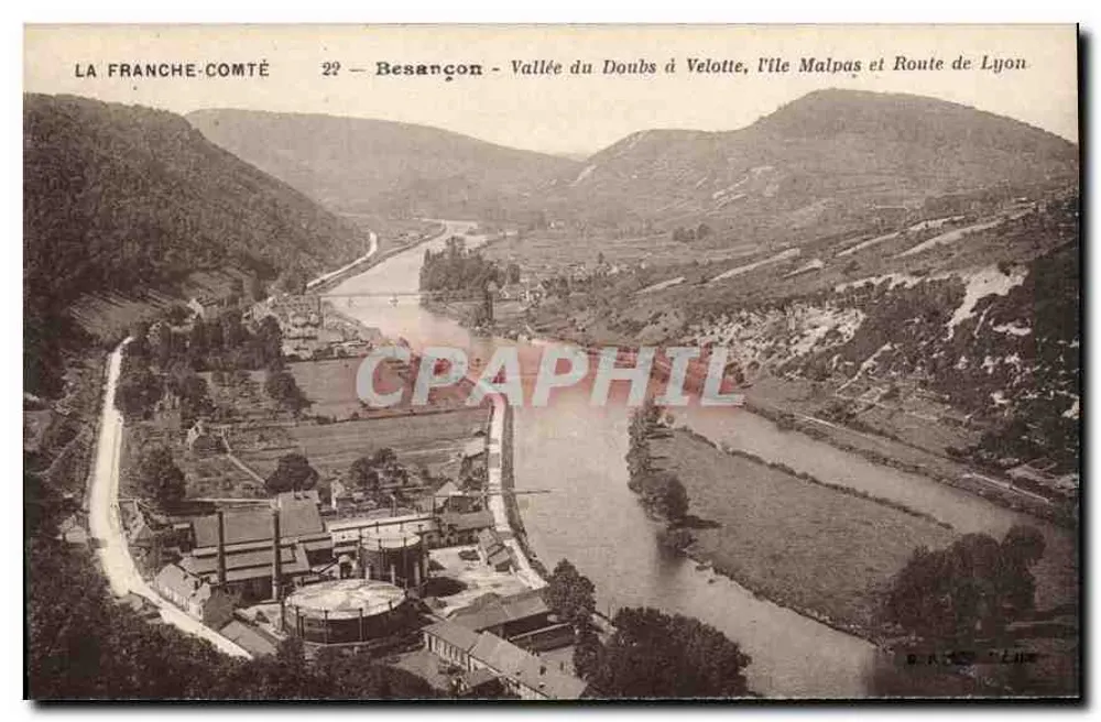 Besançon — Tal des Doubs bei Velotte, die Insel Malpas und Route nach Lyon — Verlag R. A. C. S. LIE - Vorderseite