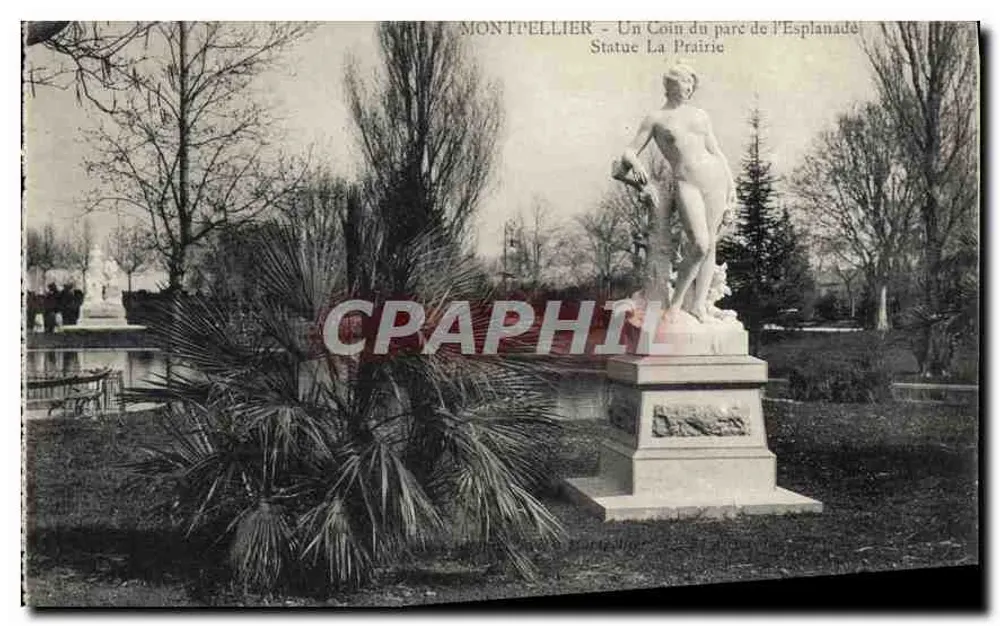 Montpellier - Ein Eckbereich des Parks der Esplanade - Statue La Prairie - Vorderseite