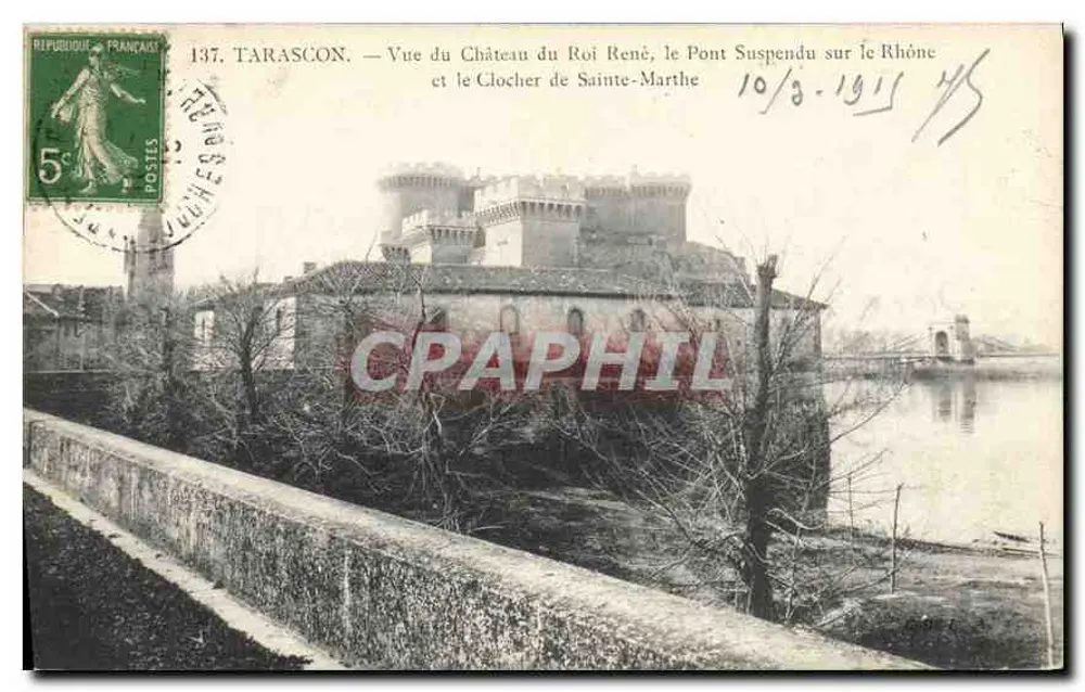 Tarascon — Vista do Castelo do Rei René, o Ponte Suspensa sobre o Ródano e o Sintrão de Sainte-Marthe — editor não visível, número de série 137 - Frente