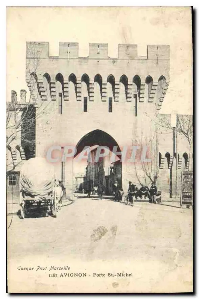 Awinion - Brama Świętego Michała — widok z bramy średniowiecznej z wozem i przechodźcami — Guenae Phot Marseille, nr 1187 - Awers