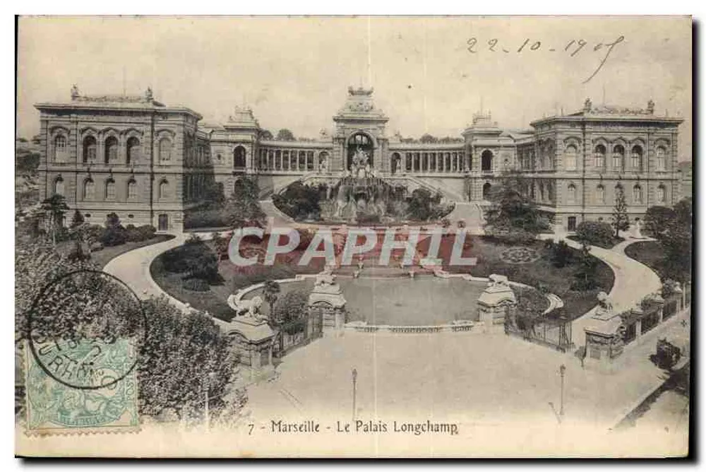 Marselha - O Palácio Longchamp — vista do jardim com fonte — editor URHANCO, n°7 - Frente