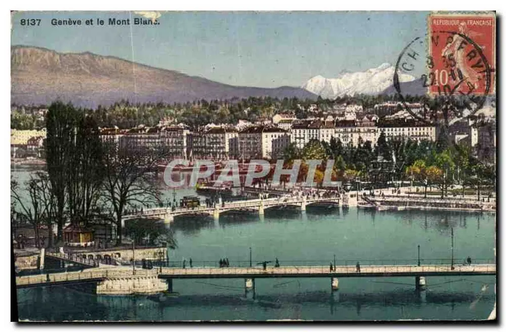 Genebra e o Monte Branco — vista da cidade e do lago — editor C. P. M. n° 8137 - Frente