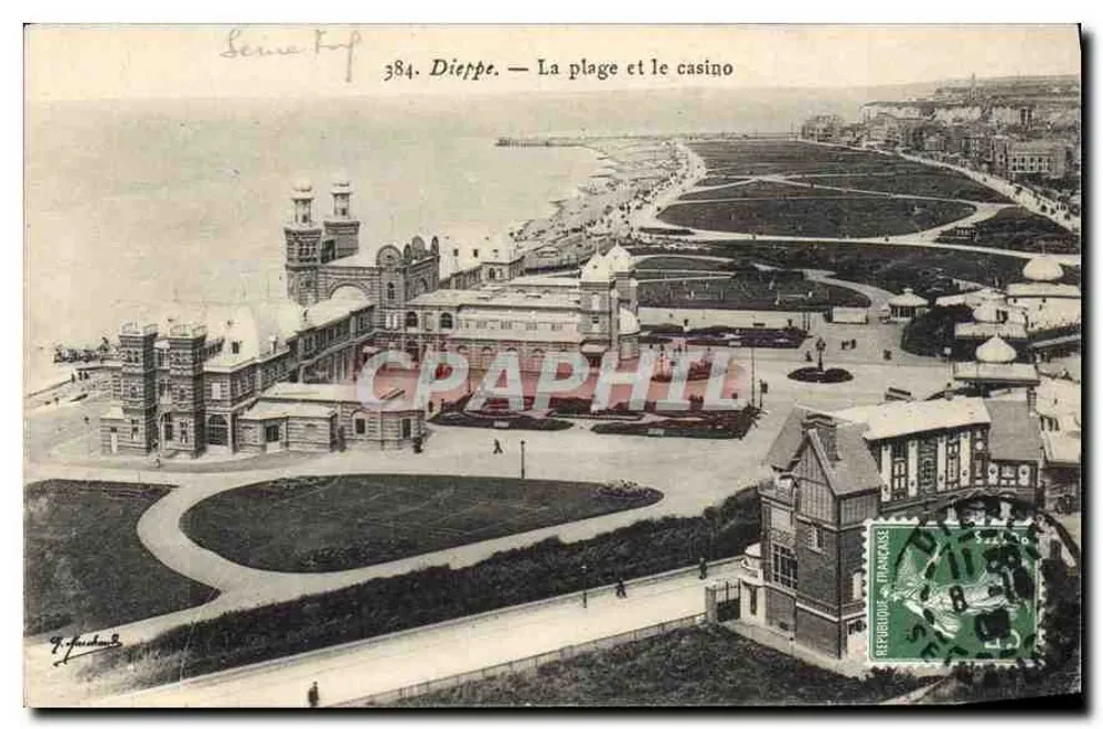 Dieppe — La plage et le casino — J. Foudroux, n° 384 - Recto