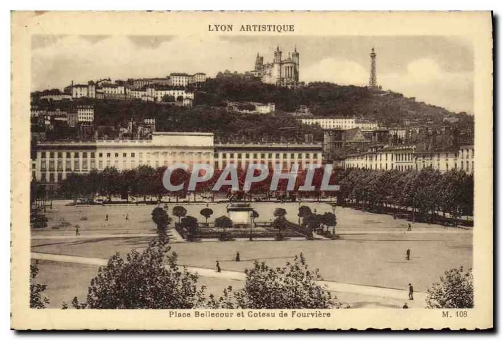 Place Bellecour und Coteau de Fourvière — Lyon — Verlag Phototype Mr. Ledouter, Lyon, Seriennummer M. 108 - Vorderseite