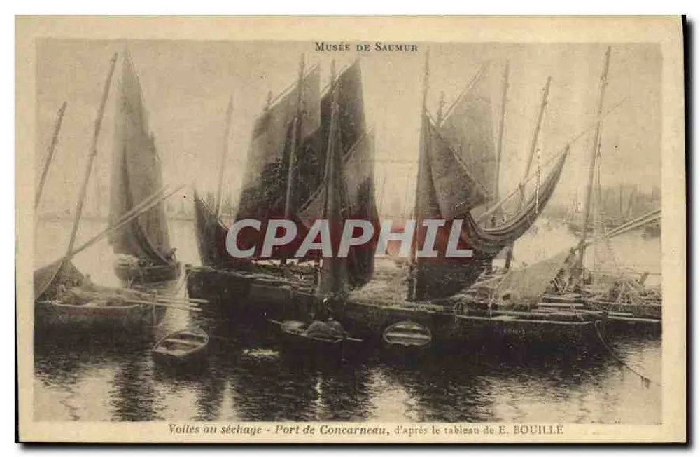 Voiles au séchage - Port de Concarneau — d'après le tableau de E. BOUILLE — Musée de Saumur - Recto