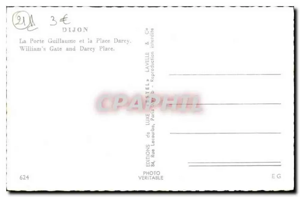 Porte Guillaume — Place Darcy — Éditeur Estel, n°624 - Verso