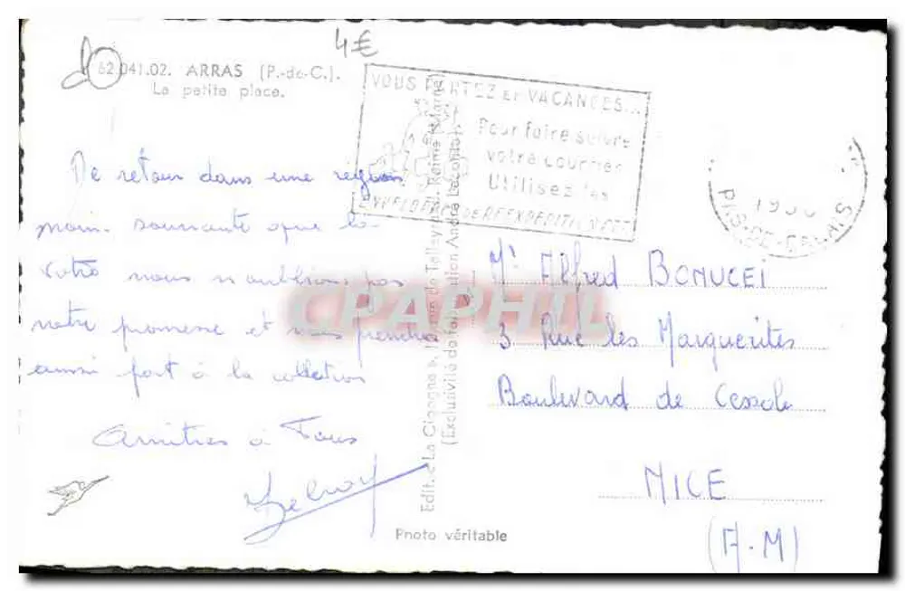 Place do Geral-de-Gaulle em Arras — editor La Cigogne, n° 62 041.02 - Verso