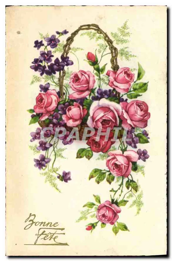 Buquê de rosas e violetas — Boa festa — editor não visível - Frente