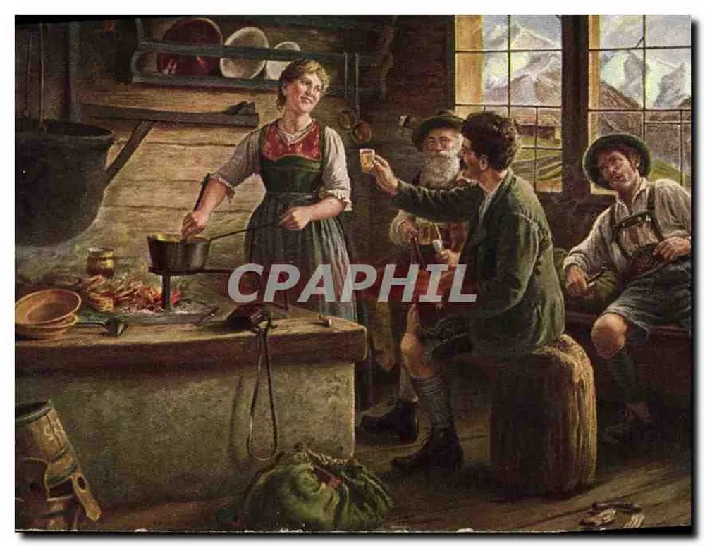 Cena de vida alpina — mulher cozinhando para homens — editor E. Rau, n° 2606 - Frente