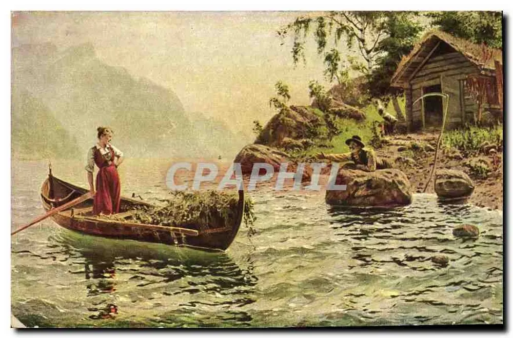 Donna in una barca — paesaggio lacustre con capanna — H. Dahl pinx. - Recto