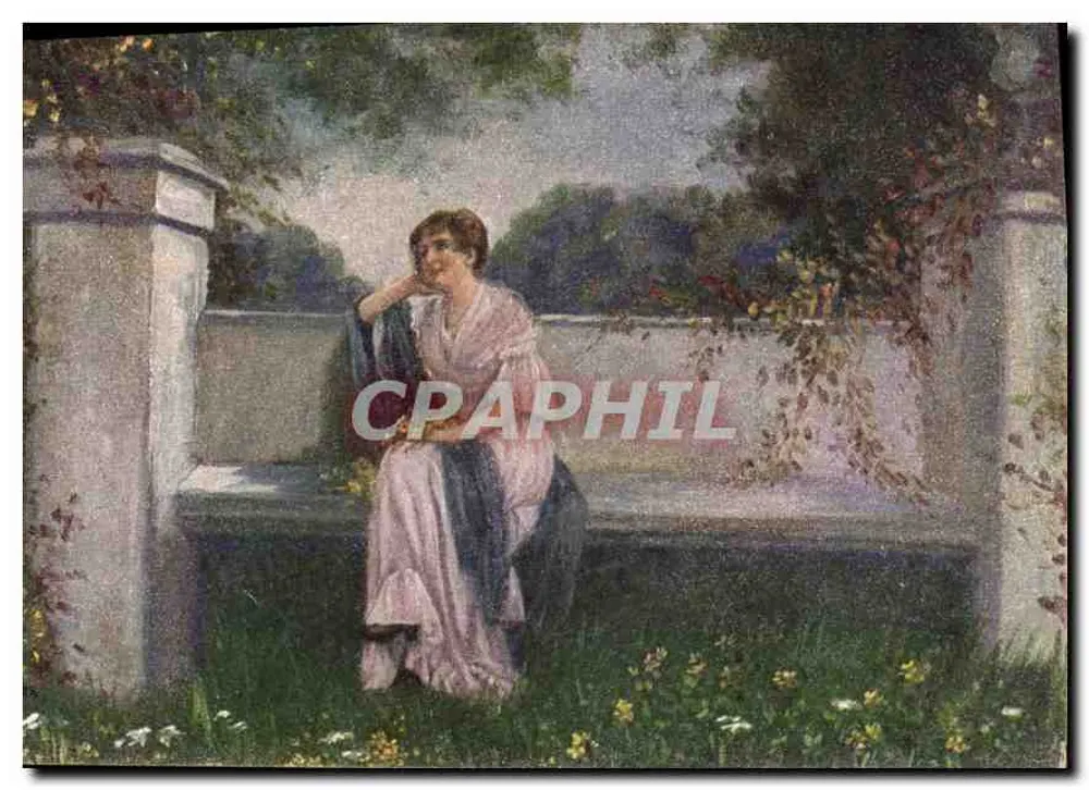 Mulher em vestido rosa sentada em um banco — jardim com colunas — H. Hermanns Stilles Sehnen, série 6066 - Frente