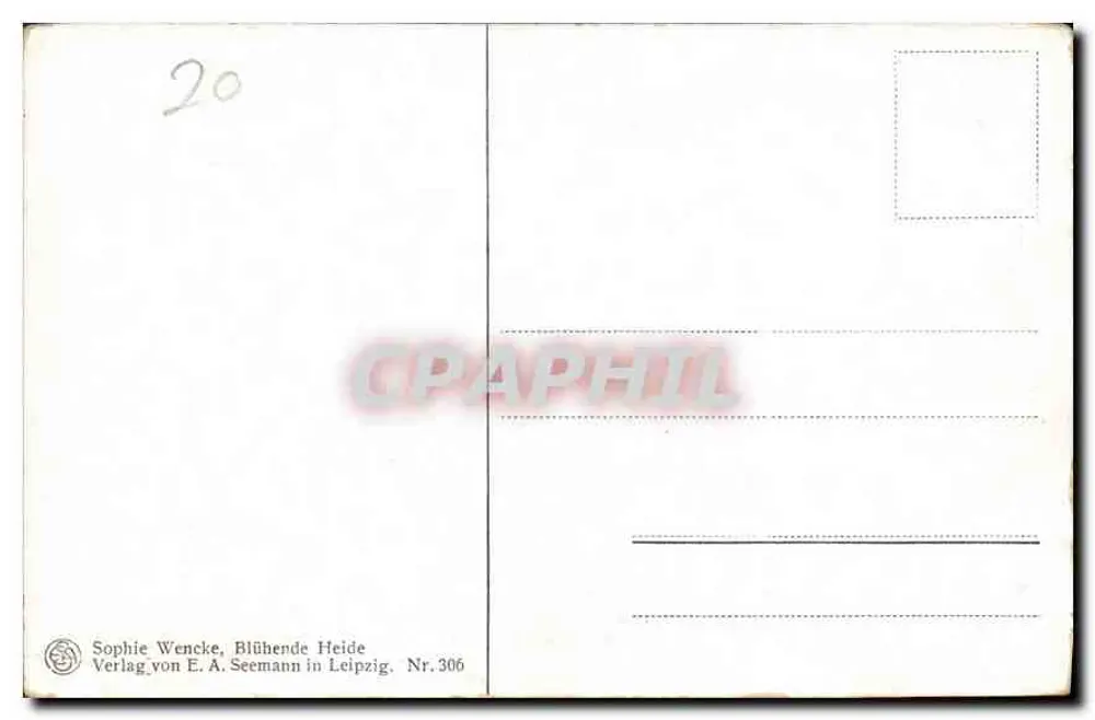 Heide sob luz dourada — vista de campo — Sophie Wencke, Blühende Heide, Nr. 306, Verlag von E. A. Seemann in Leipzig - Verso