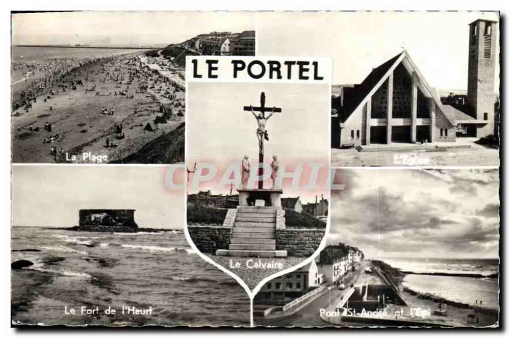 Le Portel — vista panorâmica com praia, igreja, calvário e fortaleza — editor Darenne-Photo - Frente