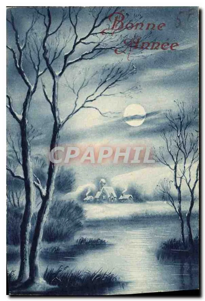 Paisagem invernal sob a lua — Boa Ano — Editor: Faïencerie Française, n°5 - Frente